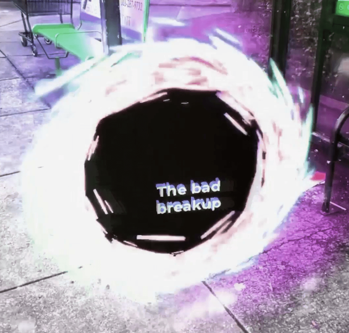 A screenshot of an AR art project. The image shows a sidewalk near a bus stop. Covering most of the scene is a depiction of a black hole, swirling with light around the edges. In the center of the black hole is text reading 