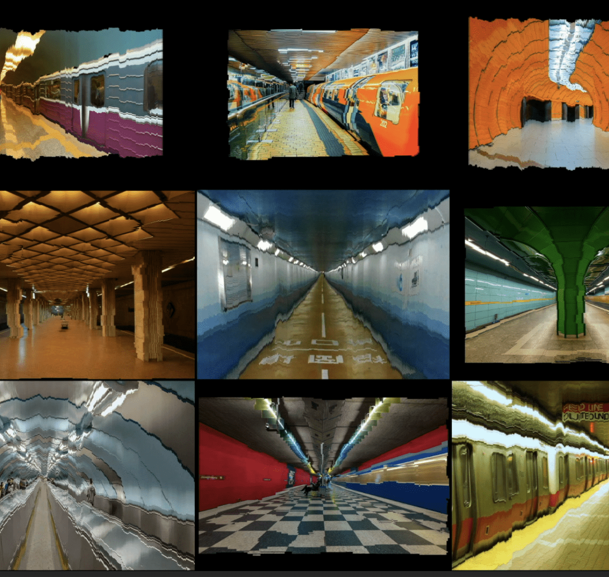 A grid of AI generated imagery of empty subways